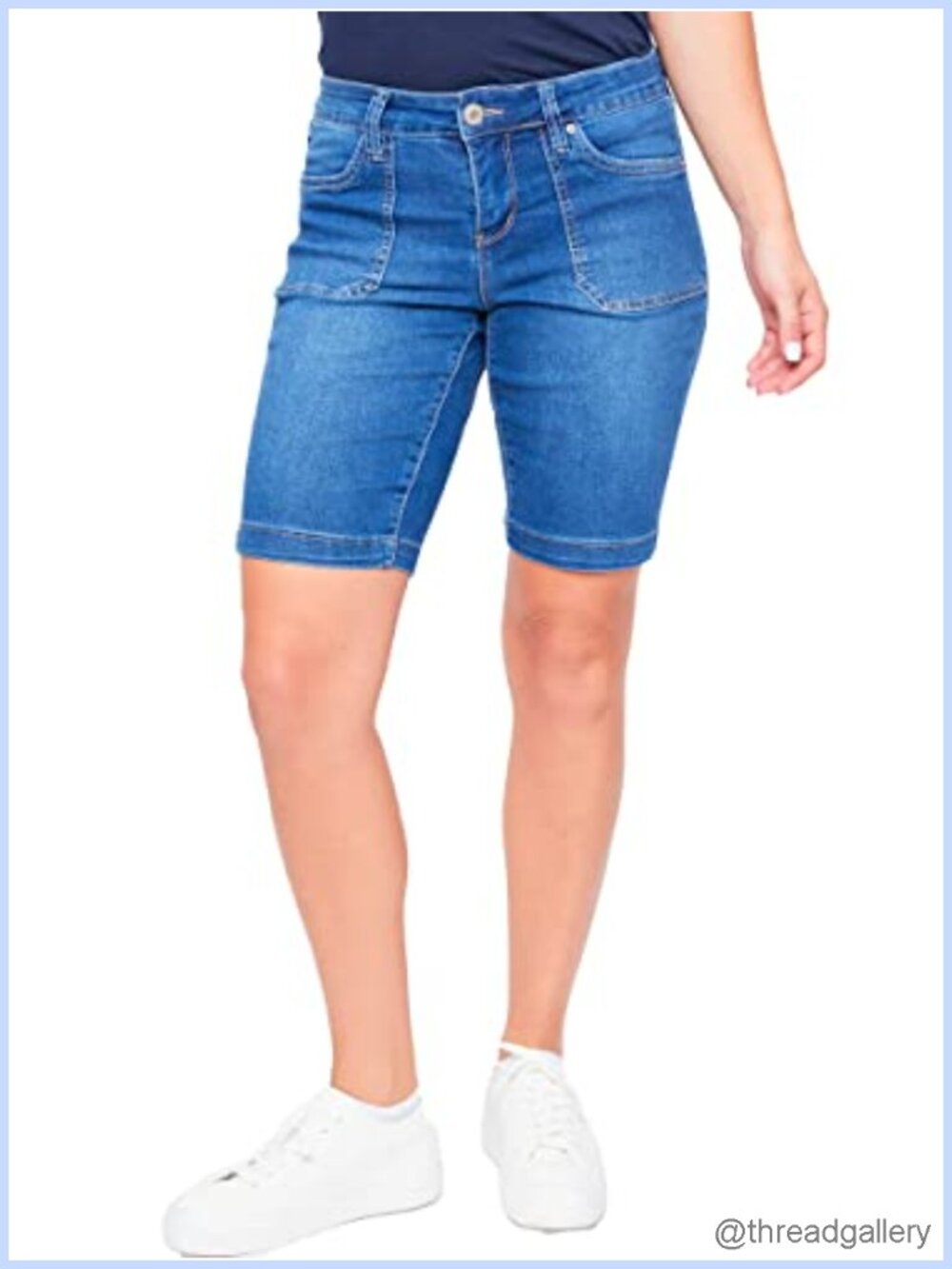 Womens Mid Rise Bermuda Shorts Slit Hem Cotton Blend